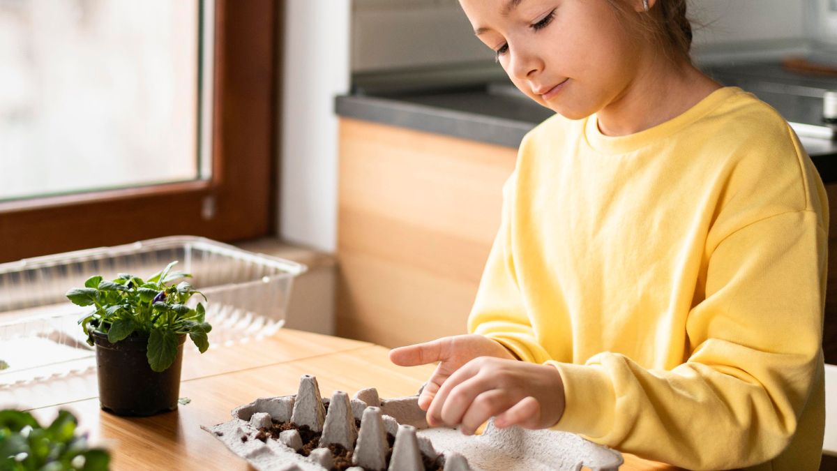 In a sunlit kitchen, a young girl with autism focuses on arranging a dozen eggs in a cardboard container, highlighting attention to detail in daily life.