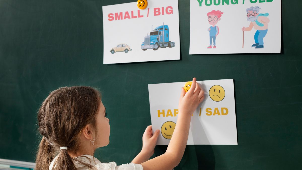 Activities for autism classroom, a young girl places picture cards on the blackboard.