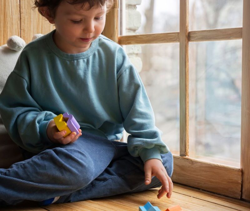 A young boy plays with toy pieces near a window overlooking snowy woodlands.