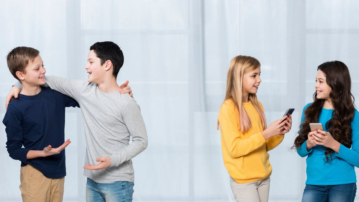 Echolalia autism, a group of children, including two boys and a girl, interacting in a hallway.